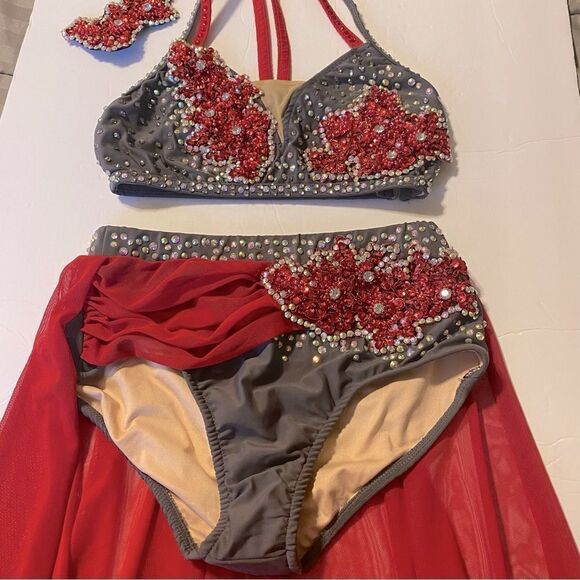 Glamour solo 2 piece dance costume red gray lyrical embellished bling XLC child - Picture 6 of 14